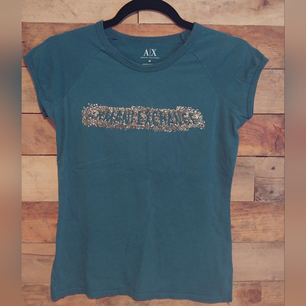 Armani Exchange Gold Glitter Logo T-Shirt Dark Green Sz Jrs M Raglan Cap Sleeves